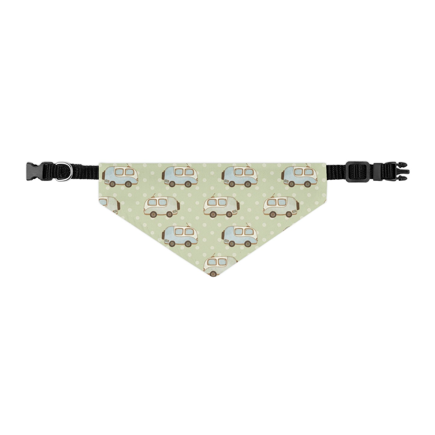 Dog Bandana Collar, Multiple Sizes on light green with camping trailers, dog tag, dog mom gift, over the collar bandana for camping pets