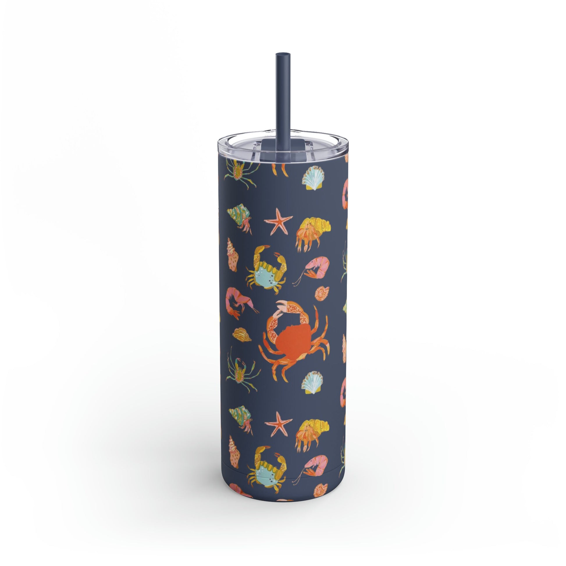 Sea Creatures Matte Tumbler, 20oz Coffee Travel Mug, Forest Green with Crab and Sea Stars, straw and lid for iced coffee