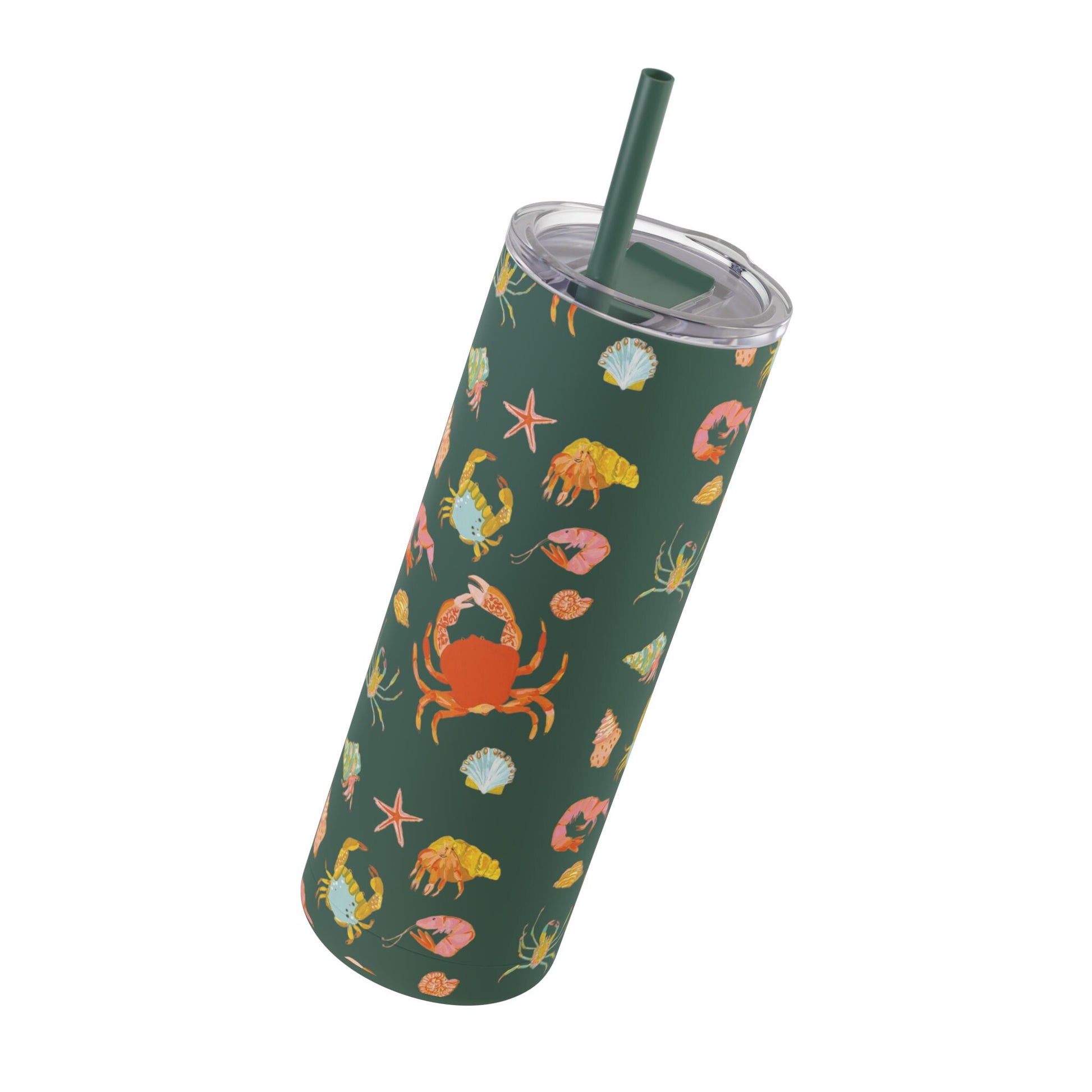 Sea Creatures Matte Tumbler, 20oz Coffee Travel Mug, Forest Green with Crab and Sea Stars, straw and lid for iced coffee