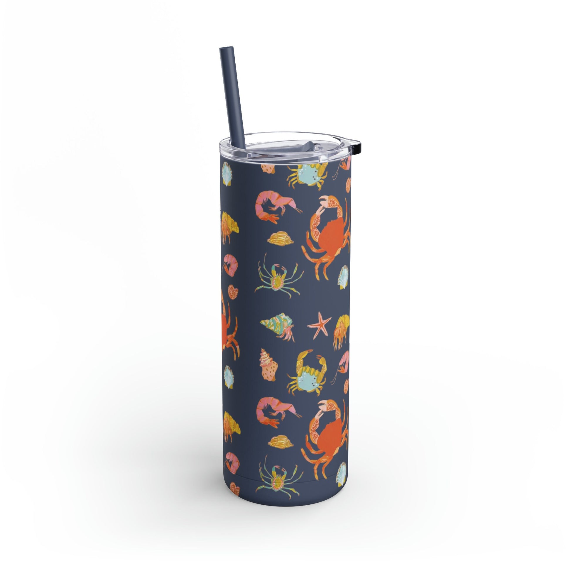 Sea Creatures Matte Tumbler, 20oz Coffee Travel Mug, Forest Green with Crab and Sea Stars, straw and lid for iced coffee