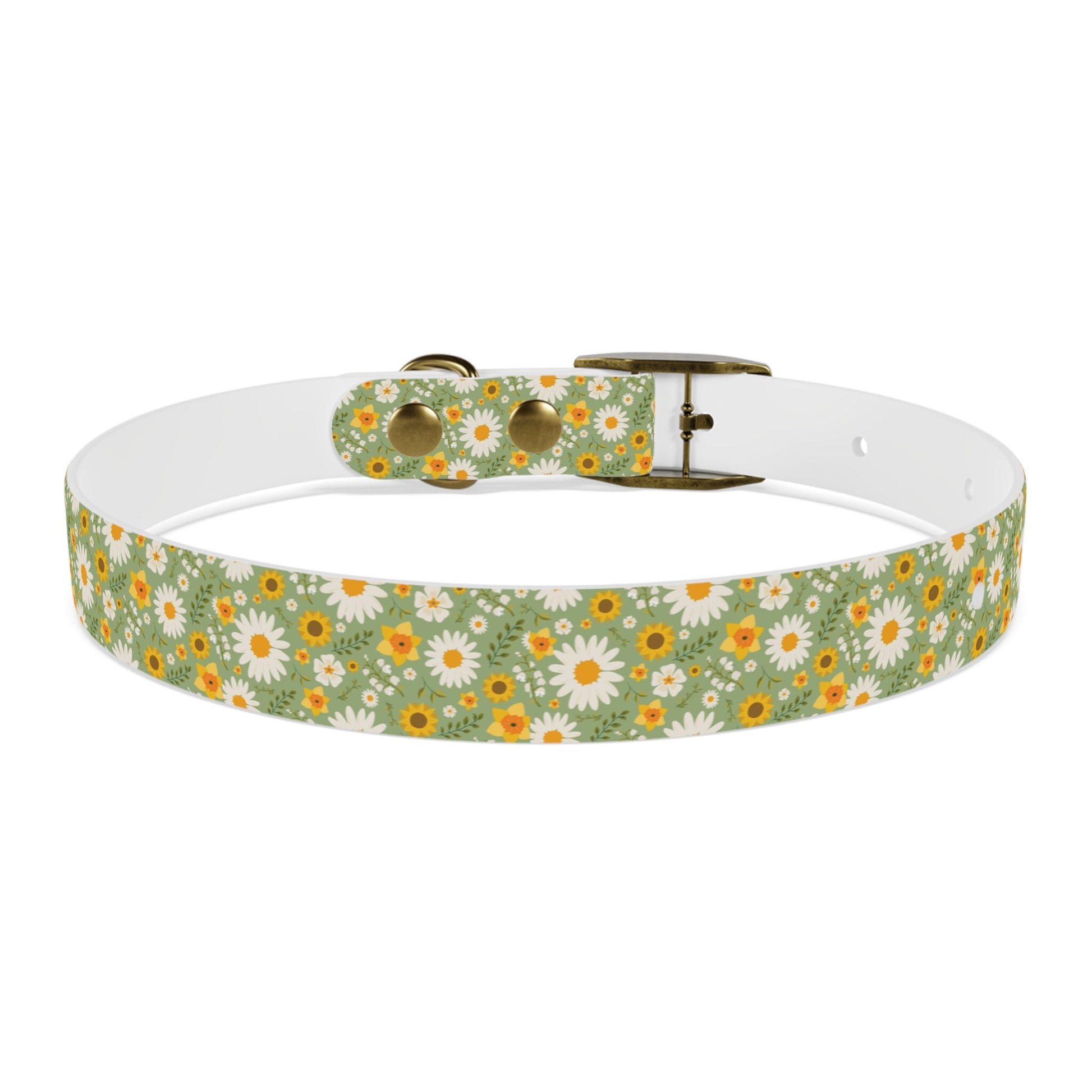 Boho Floral Dog Collar, Multiple Sizes and buckle colors, yellow and green flower pet collar with brass buckle closure,