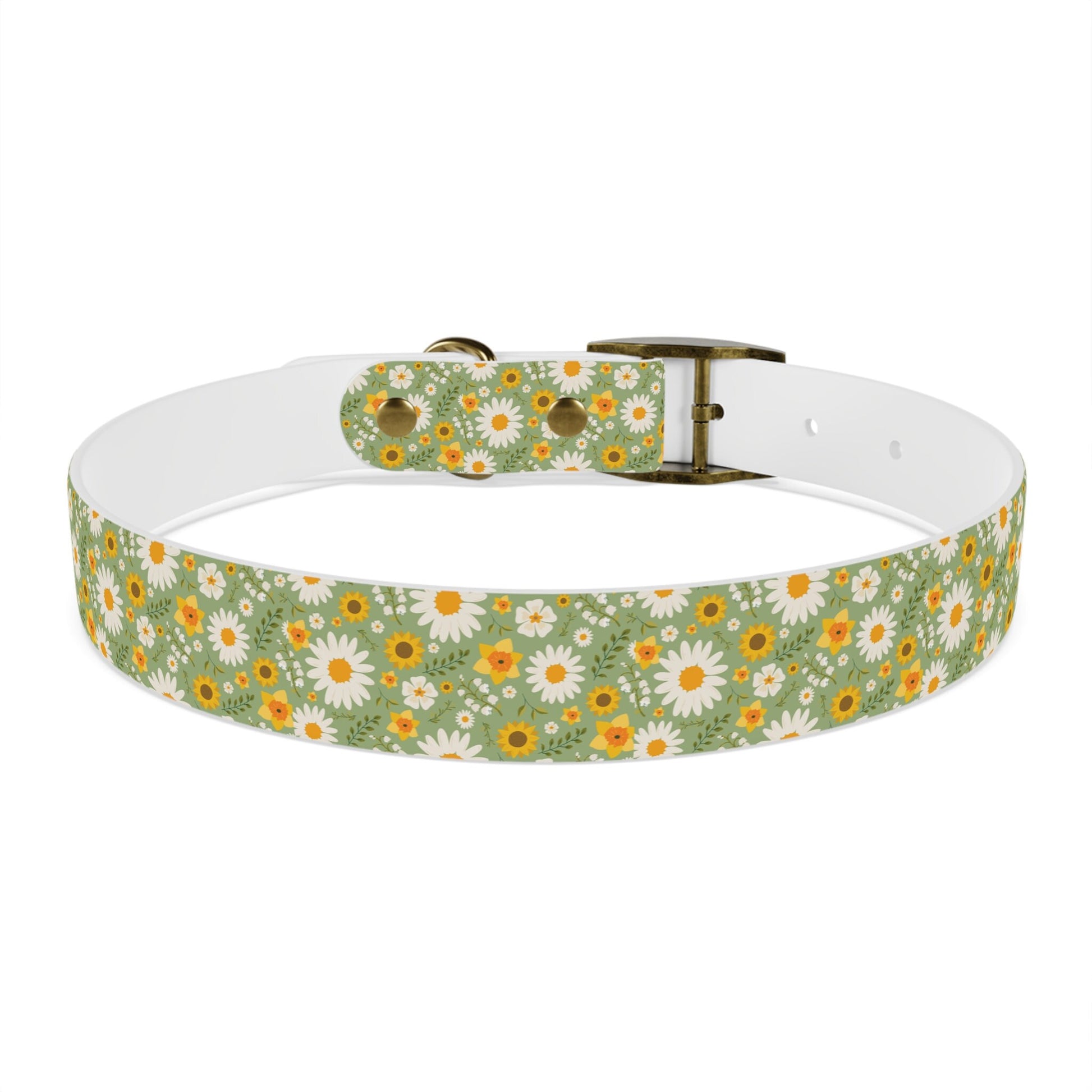 Boho Floral Dog Collar, Multiple Sizes and buckle colors, yellow and green flower pet collar with brass buckle closure,