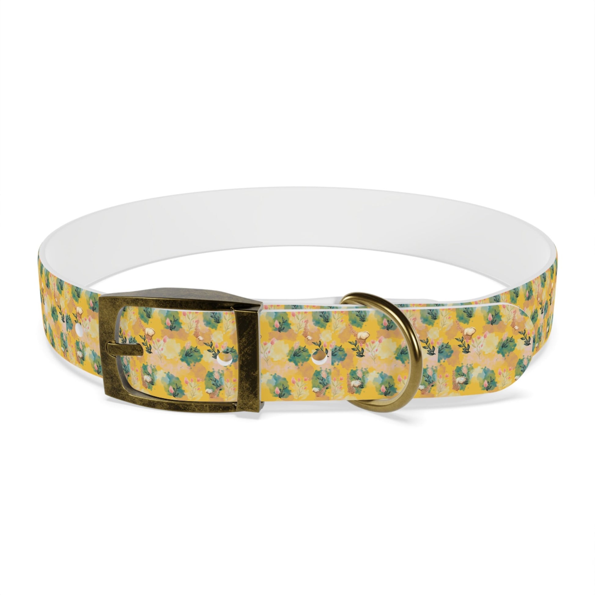 Boho Dog Collar, Yellow Vintage Floral Pet Collar in Multiple sizes, brass buckle closure and ring clip,