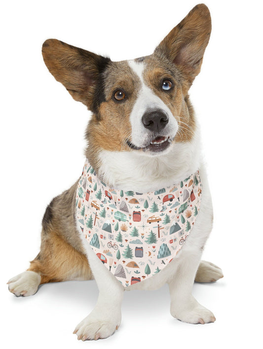 camping dog bandana, trailers trees and tent pattern on clip closure pet bandana,