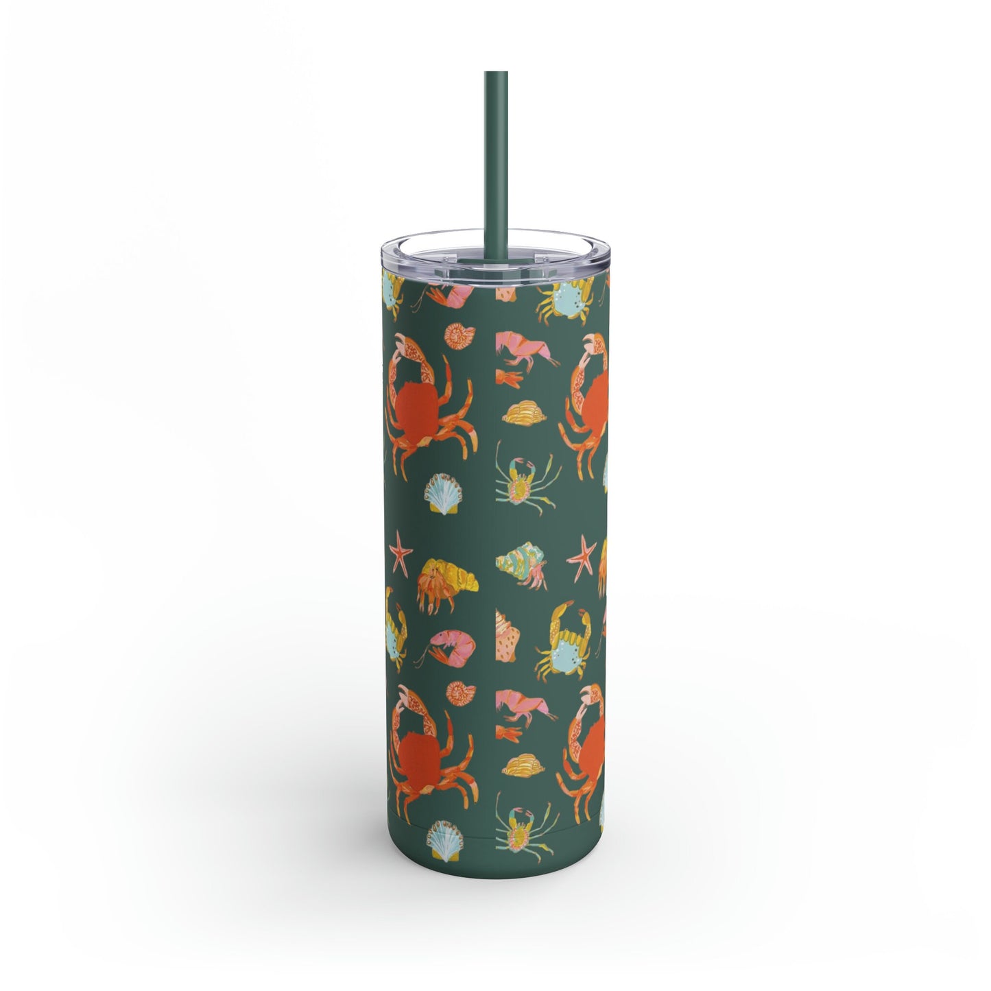 Sea Creatures Matte Tumbler, 20oz Coffee Travel Mug, Forest Green with Crab and Sea Stars, straw and lid for iced coffee