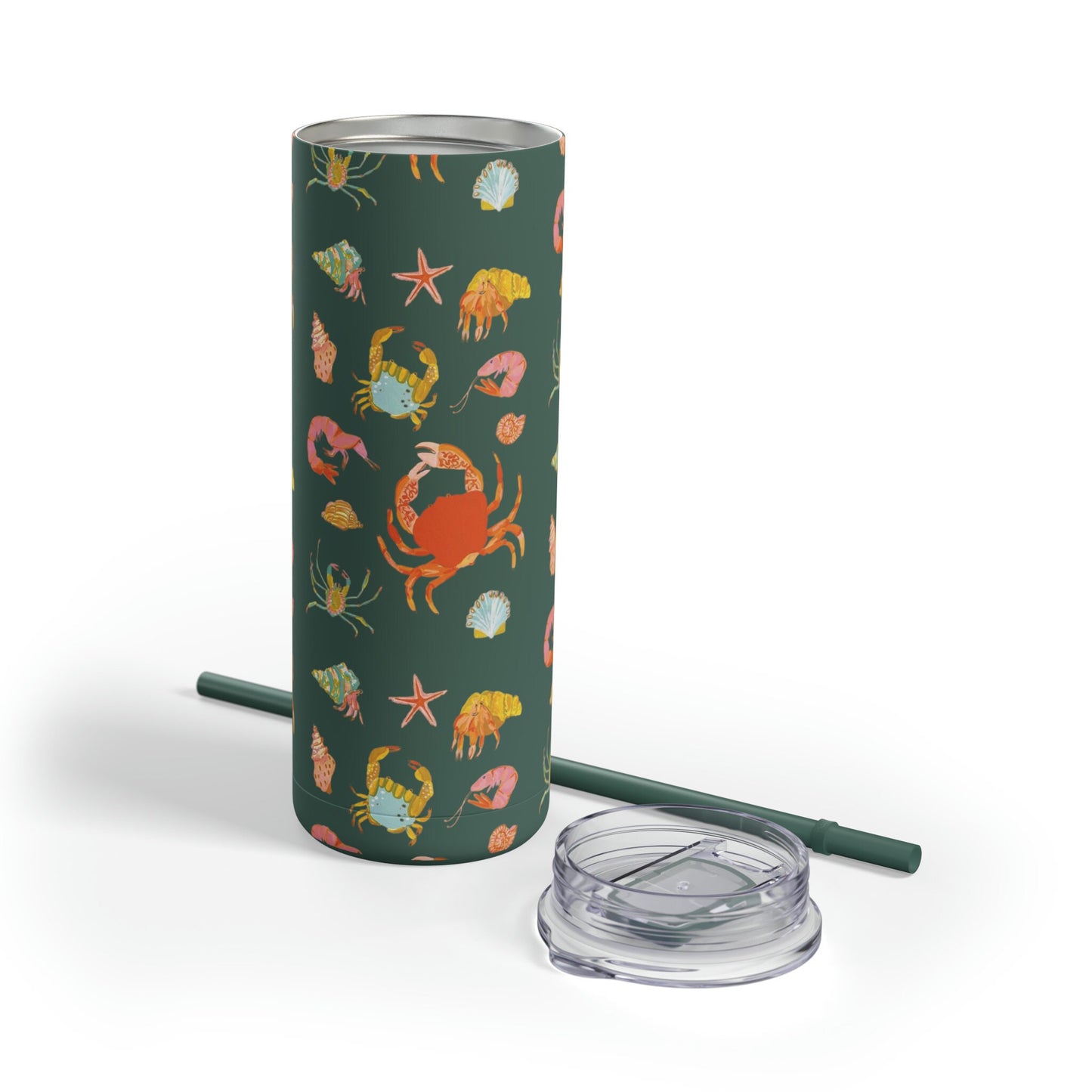 Sea Creatures Matte Tumbler, 20oz Coffee Travel Mug, Forest Green with Crab and Sea Stars, straw and lid for iced coffee