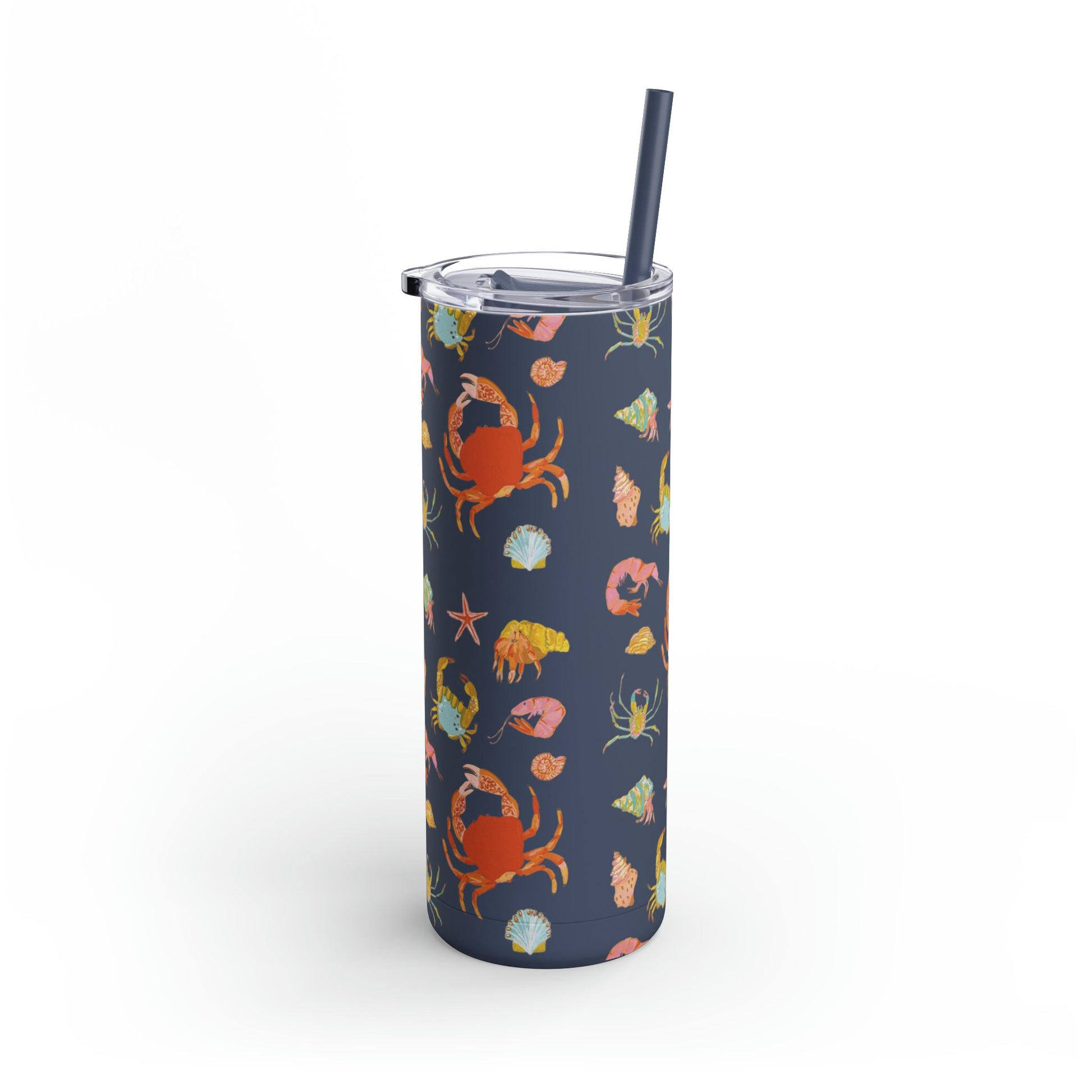 Sea Creatures Matte Tumbler, 20oz Coffee Travel Mug, Forest Green with Crab and Sea Stars, straw and lid for iced coffee