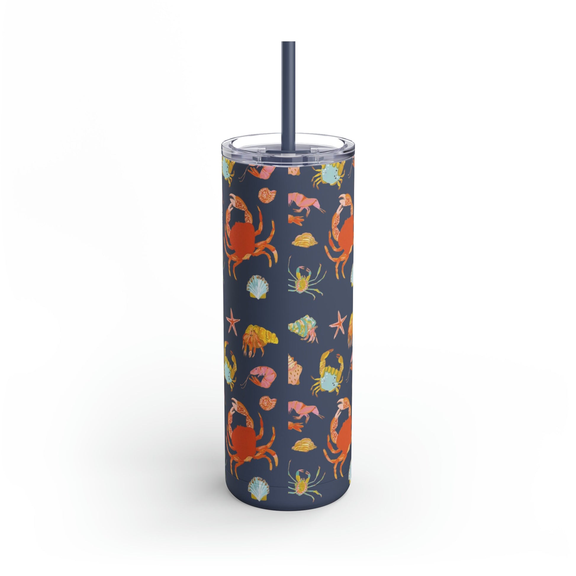 Sea Creatures Matte Tumbler, 20oz Coffee Travel Mug, Forest Green with Crab and Sea Stars, straw and lid for iced coffee