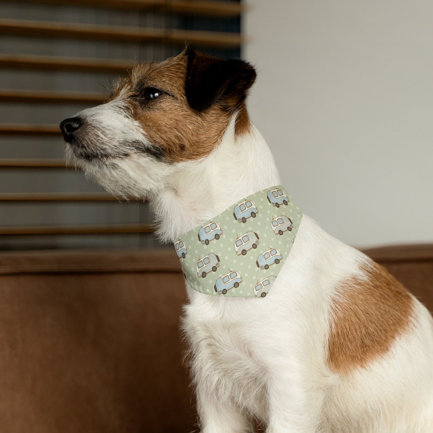 Dog Bandana Collar, Multiple Sizes on light green with camping trailers, dog tag, dog mom gift, over the collar bandana for camping pets