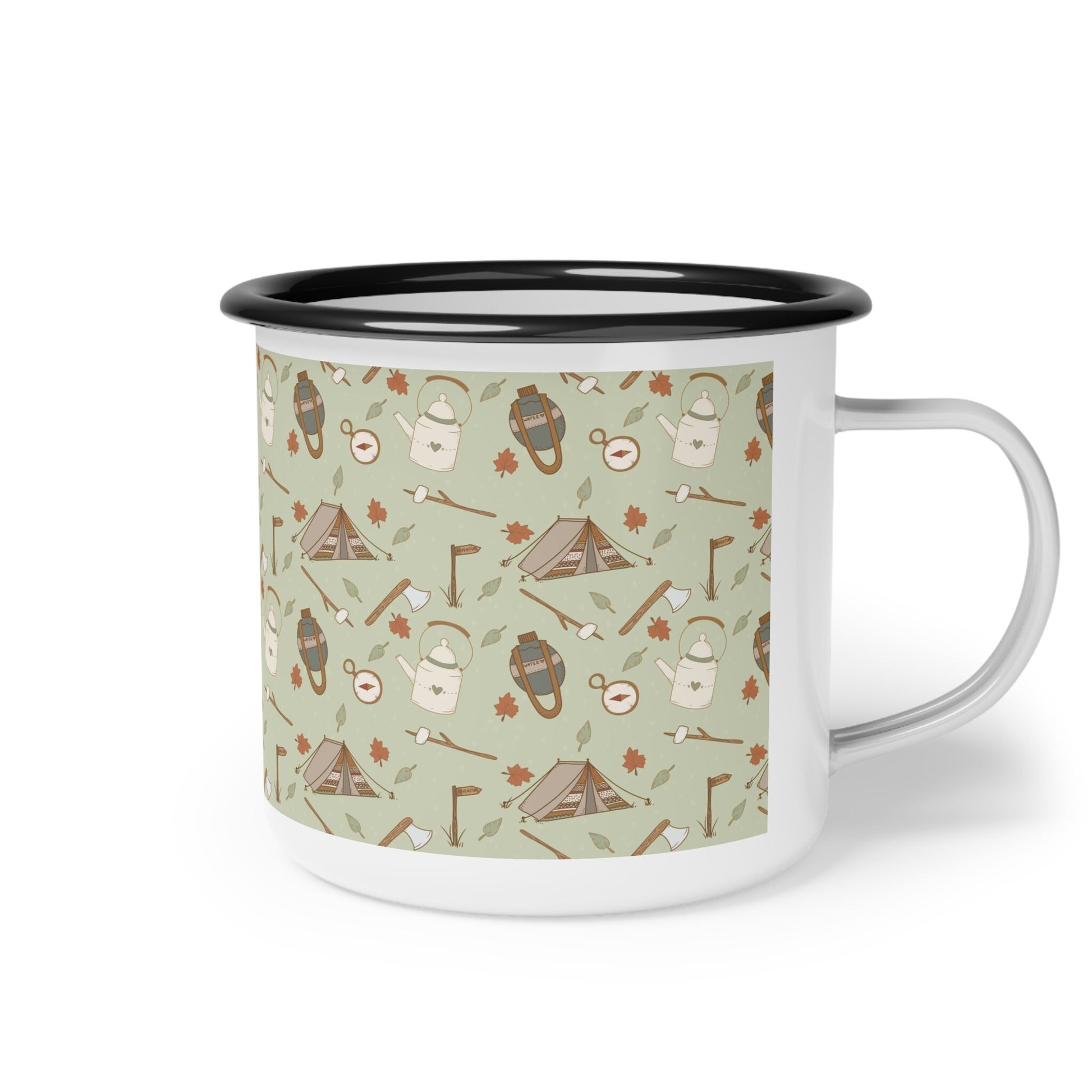 Enamel Camping Mug, Tent and Trees on Green background, Durable Mug with Handle for hot or cold drinks, coffee enamel mug, 12 oz lead free