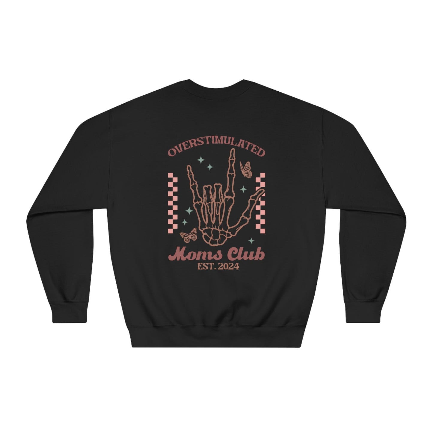 New Mom 2024 Shirt, Overstimulated Mom Crewneck Sweatshirt, Black Sweatshirt Pink Skeleton Hand, Mothers Day Funny Shirt,