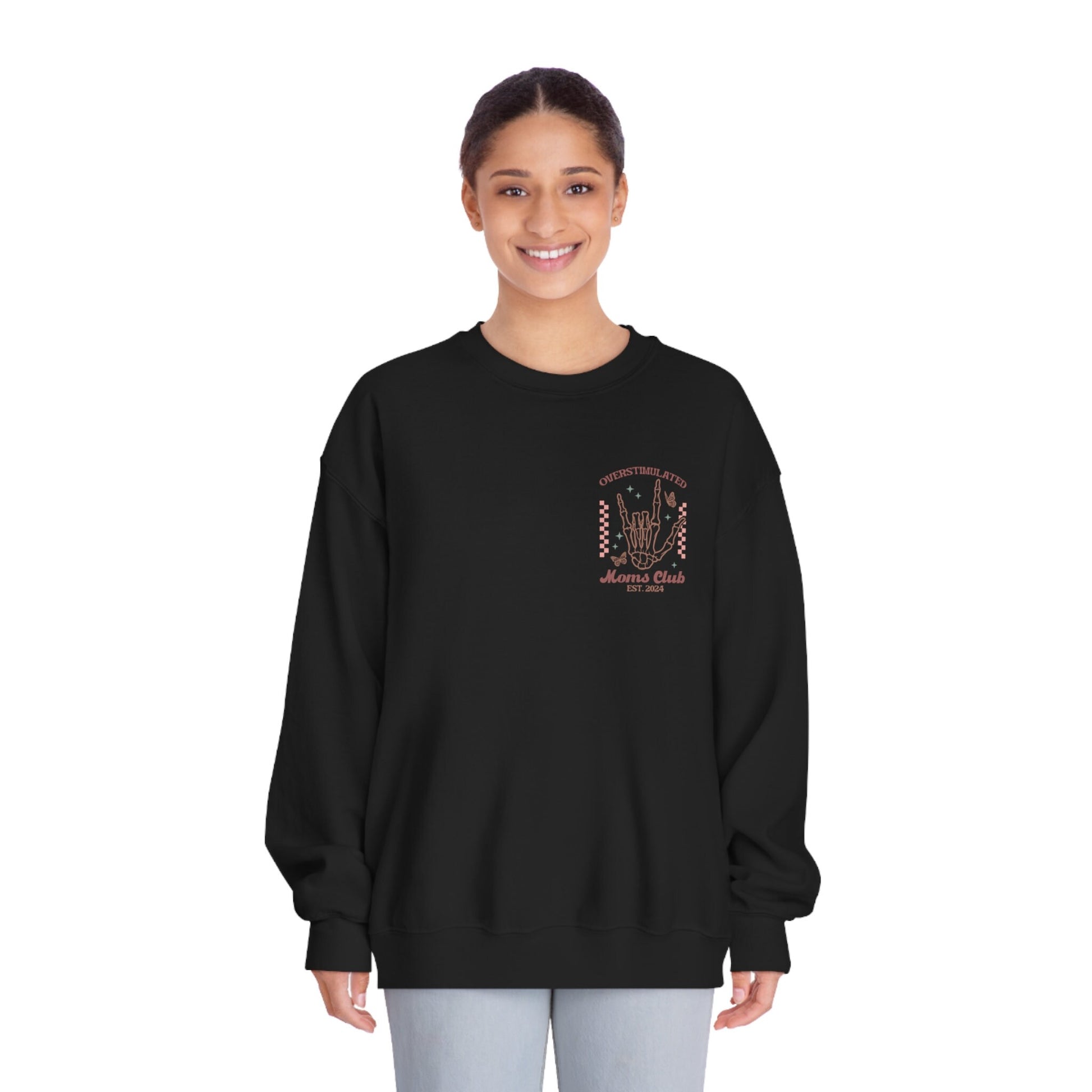 New Mom 2024 Shirt, Overstimulated Mom Crewneck Sweatshirt, Black Sweatshirt Pink Skeleton Hand, Mothers Day Funny Shirt,