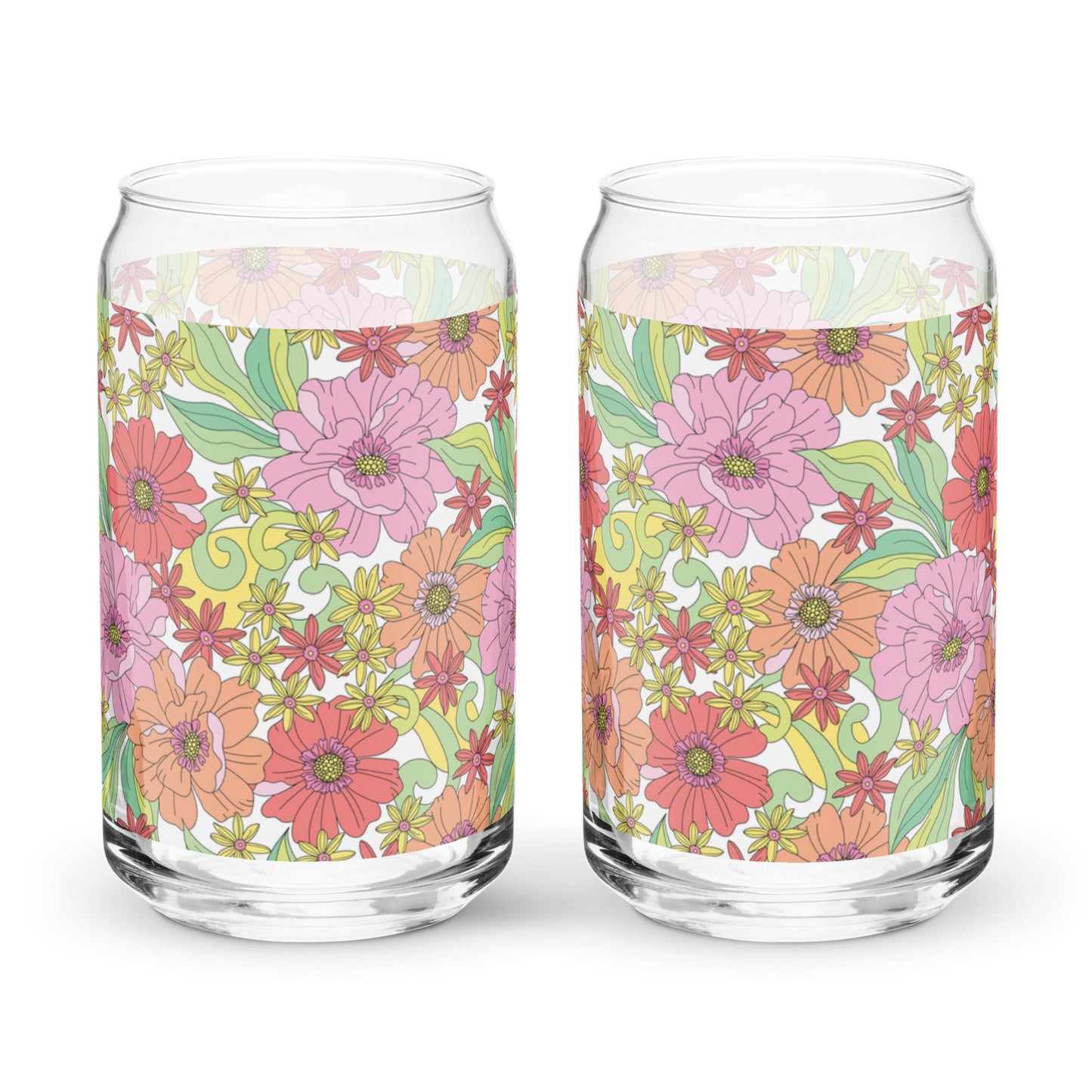 Floral Retro Can-shaped glass, 16 oz glass for iced coffee, pink flowers beer glass, coffee tumbler